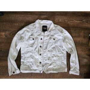 Womens L Copper Rivet White Distressed Jean Jacket